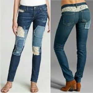 Free People Haynes Was Lace Crochet Patched Distressed Boho Blue Jeans Sz 27